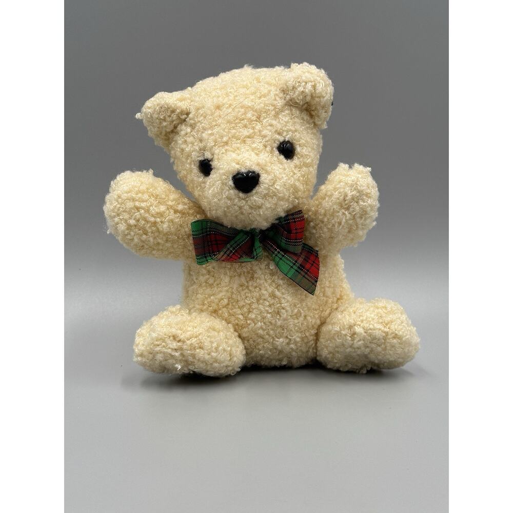 Vintage Sasco Cream Colored Teddy Bear Plush 7” Christmas Ribbon Stuffed Animal